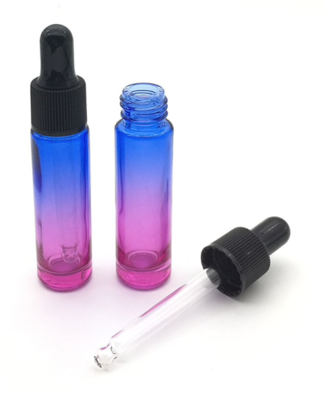 Blauw/roze langwerpig pipetflesje van glas - 10 ml - prijs per stuk